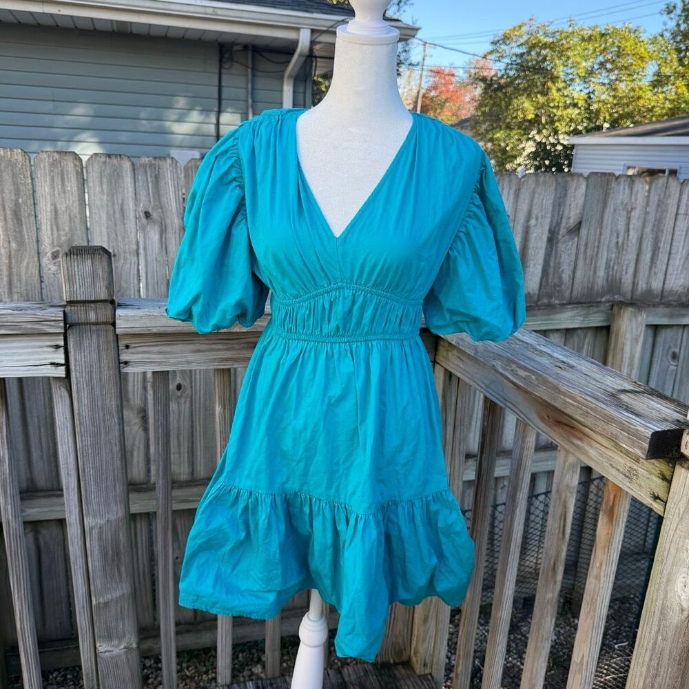 Japna Turquoise Cotton Puff Sleeve V Neck Tiered Mini Dress Women’s Small